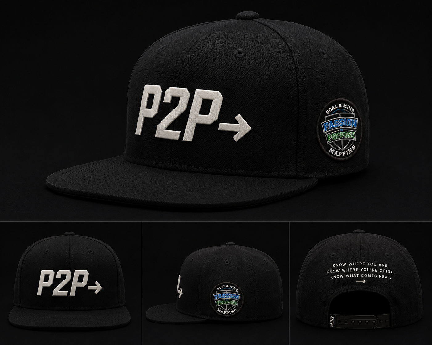 Black structured P2P cap with raised embroidery and Passion to Purpose patch