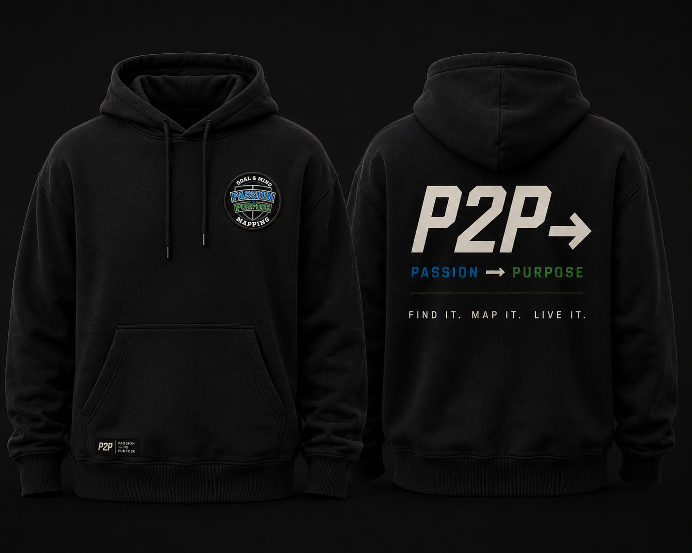 Black P2P premium heavyweight hoodie with embroidered patch, front and back