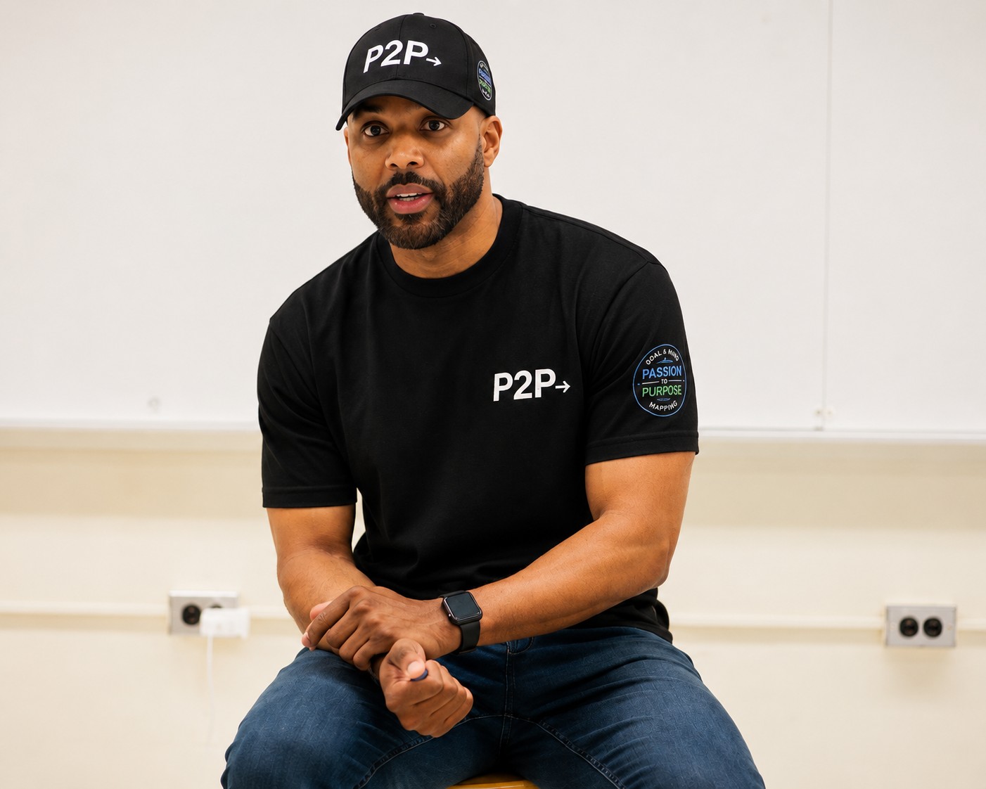 Omari Pearson wearing the P2P conference tee and hat
